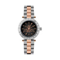 A Vivienne Rose analog watch with a two-tone silver and rose gold metal link bracelet, a silver bezel, and a black dial featuring the brand's logo.