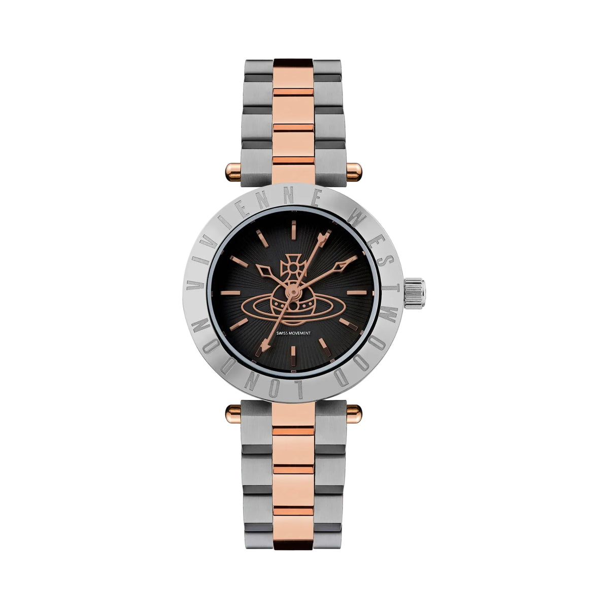 A Vivienne Rose analog watch with a two-tone silver and rose gold metal link bracelet, a silver bezel, and a black dial featuring the brand's logo.