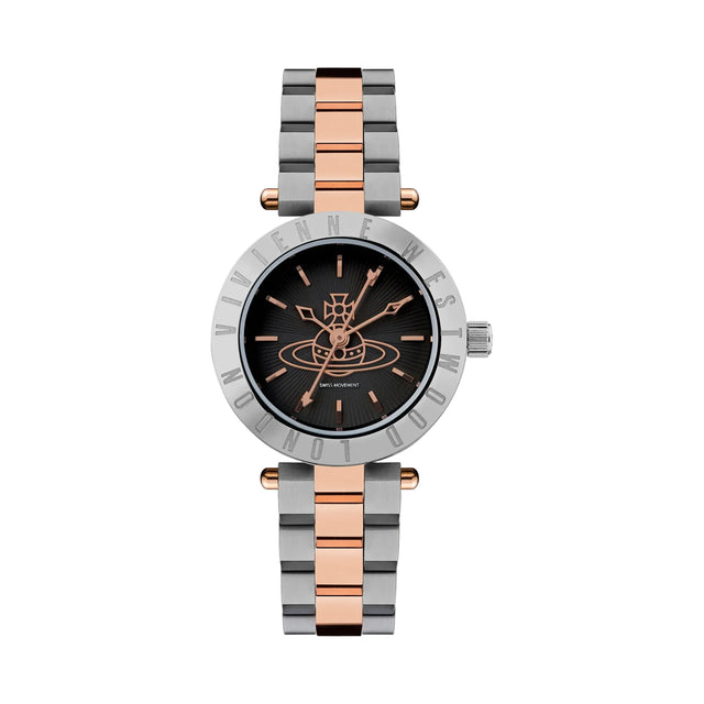 A Vivienne Rose analog watch with a two-tone silver and rose gold metal link bracelet, a silver bezel, and a black dial featuring the brand's logo.