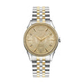 A luxury two-tone watch with a silver and gold metal bracelet, a gold-toned dial with intricate baroque-style engravings, and a bezel accented with small clear crystals, shown against a solid white background.