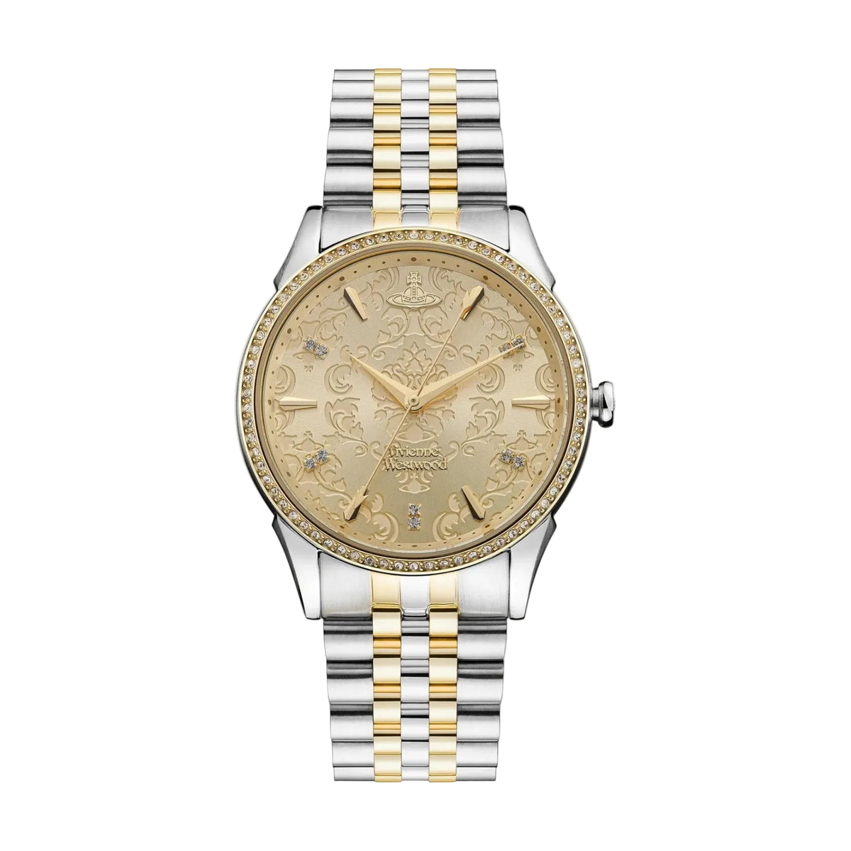 A luxury two-tone watch with a silver and gold metal bracelet, a gold-toned dial with intricate baroque-style engravings, and a bezel accented with small clear crystals, shown against a solid white background.