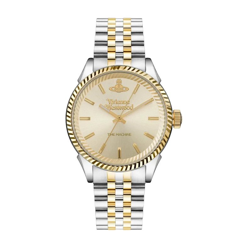 A two-tone Vivienne Westwood Seymour Men's Watch with a gold and silver stainless steel bracelet and a gold-toned dial with the brand's orb logo at 12 o’clock.