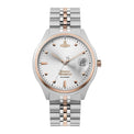 Vivienne Westwood wristwatch with a silver-toned stainless steel case and link bracelet, featuring rose gold accents on the bezel, indices, hands, and center of the bracelet, and a white dial with a date window.