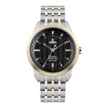 A Vivienne Westwood branded watch with a black dial and a stainless steel band featuring a butterfly buckle and Swaroski crystals on the hour markers.