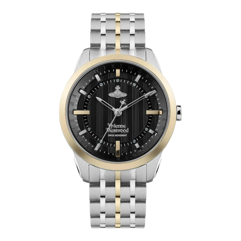 A Vivienne Westwood branded watch with a black dial and a stainless steel band featuring a butterfly buckle and Swaroski crystals on the hour markers.