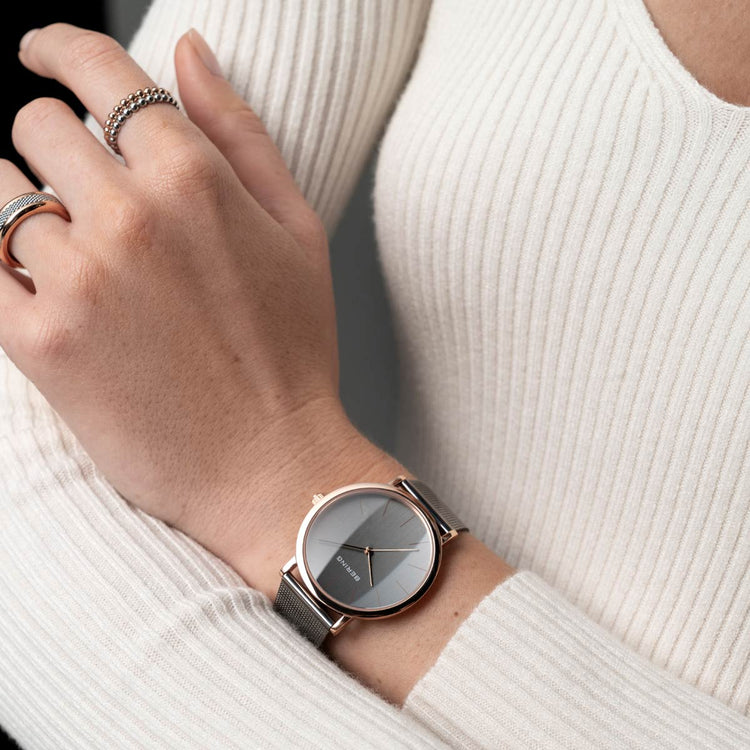 Bering | Classic polished rose gold 36mm dial grey mesh | 13436-369