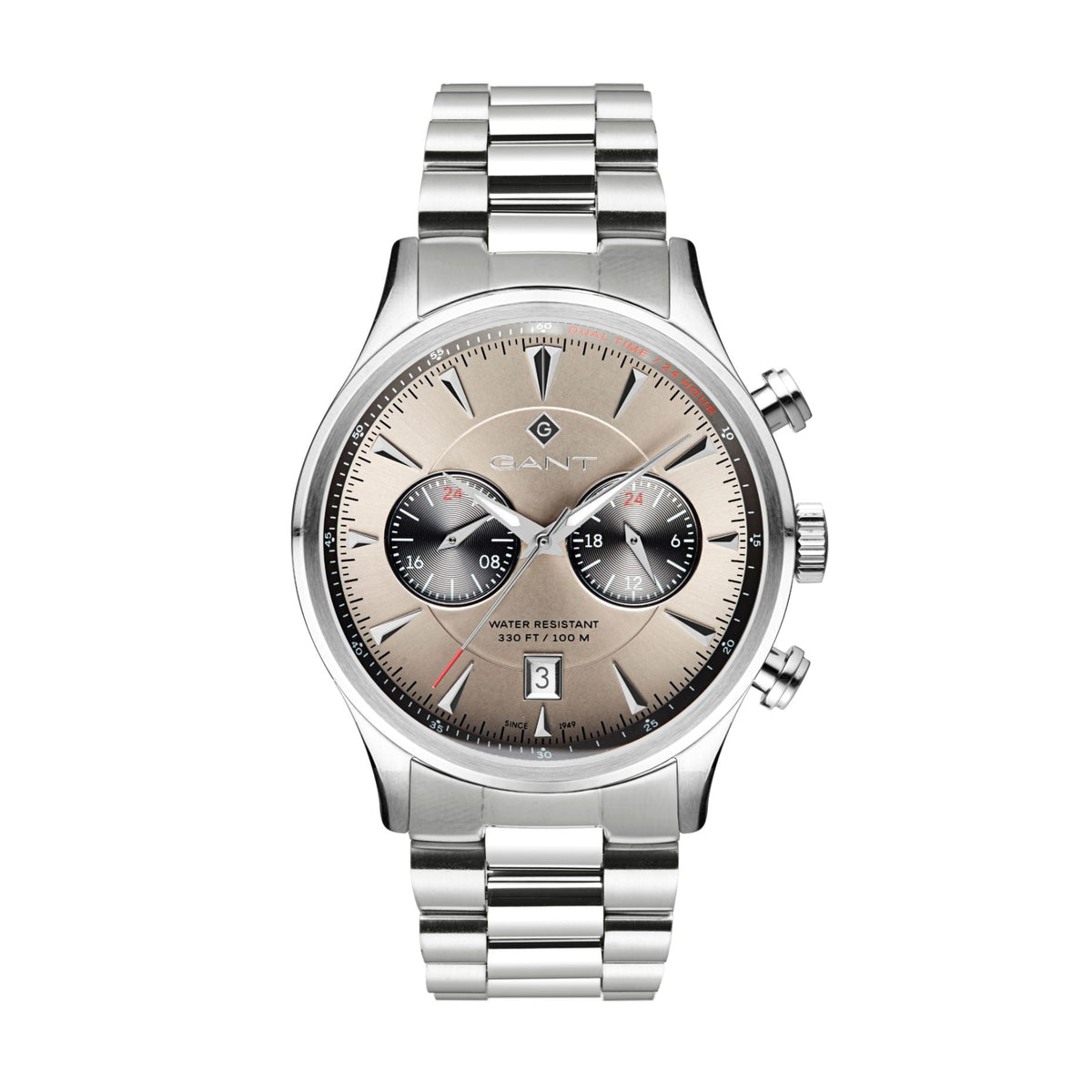 Silver wristwatch with a detailed face on a white background