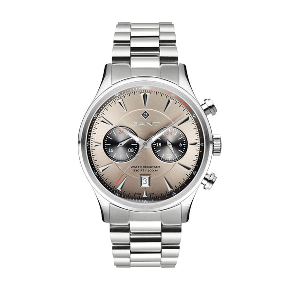 Silver wristwatch with a detailed face on a white background