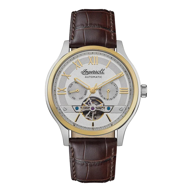 Watch with brown leather strap and silver and gold case on white background