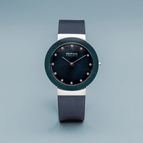 Bering | Ceramic polished silver navy blue 40mm dial and mesh | 11440-387