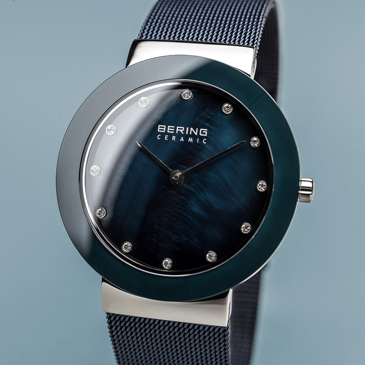 Bering | Ceramic polished silver navy blue 40mm dial and mesh | 11440-387