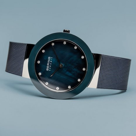 Bering | Ceramic polished silver navy blue 40mm dial and mesh | 11440-387
