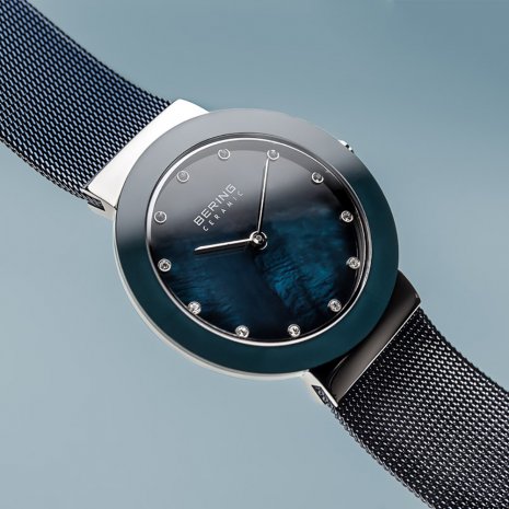 Bering | Ceramic polished silver navy blue 40mm dial and mesh | 11440-387