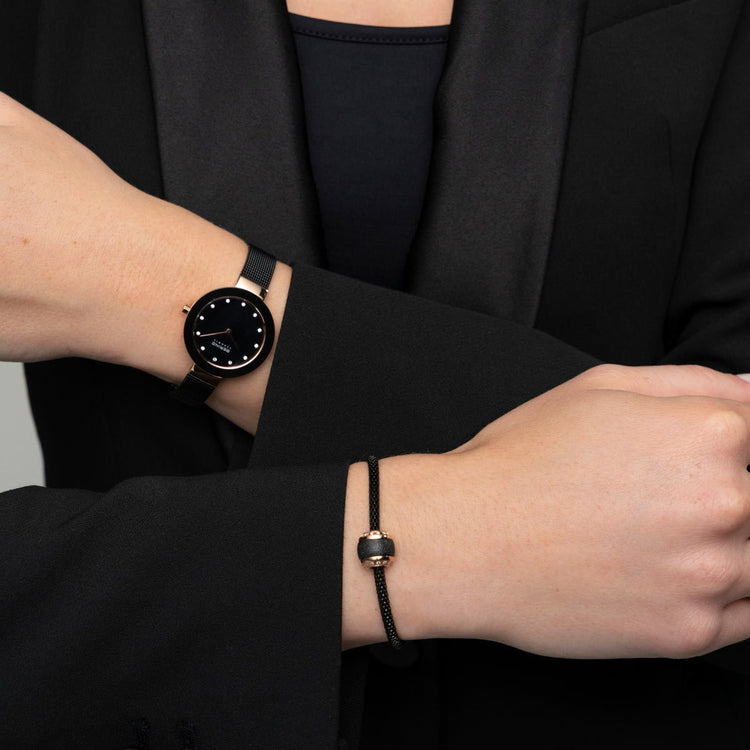 Bering | Ceramic polished rose gold black mesh band | 11429-166