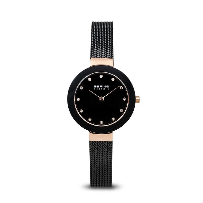 Bering | Ceramic polished rose gold black mesh band | 11429-166