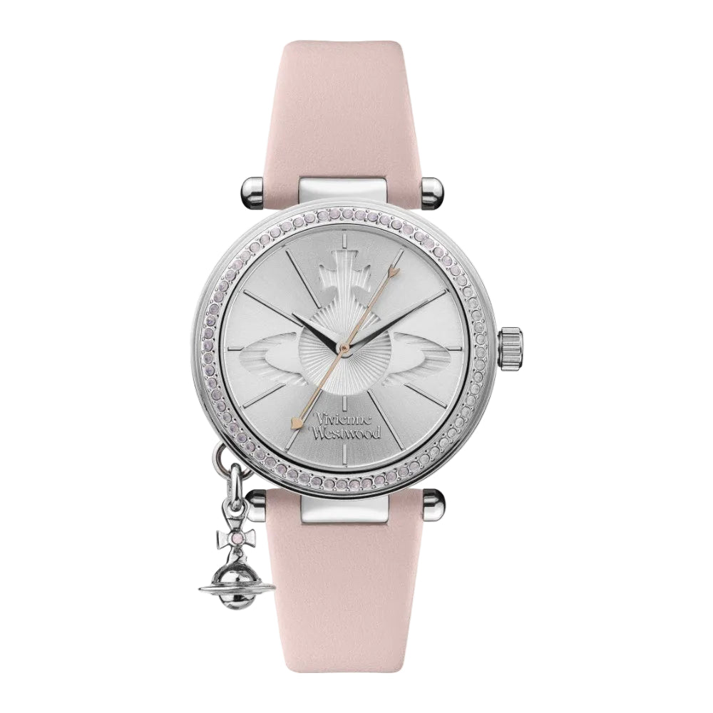 A Vivienne Westwood Orb Pastel Watch with a pale pink dial, silver case, and pink leather strap, featuring a textured Orb detailing and a pink Swarovski set bezel.