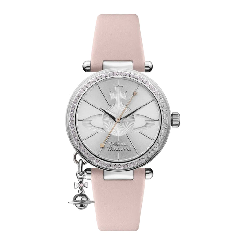 A Vivienne Westwood Orb Pastel Watch with a pale pink dial, silver case, and pink leather strap, featuring a textured Orb detailing and a pink Swarovski set bezel.
